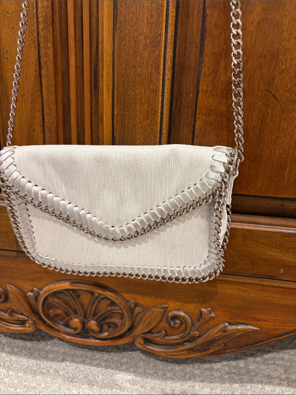 Sondra Roberts Cream Crossbody with Silver Chain Trim